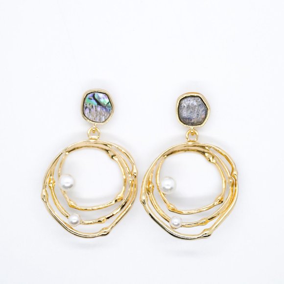 Jewelry - Gold Pearl and Multicolored Stone Earrings